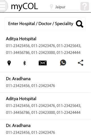 Hospital Search List View - MyCol Mobile App