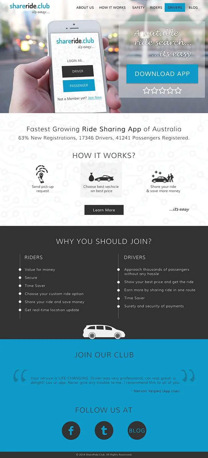Website for App Promotion in Australia - ShareRide.Club
